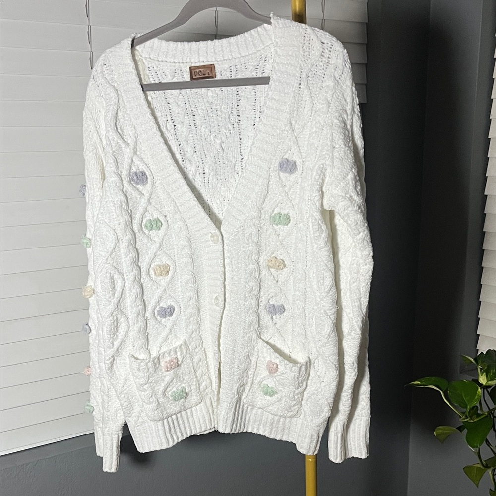 POL White Cable Knit Cardigan with Pastel Details